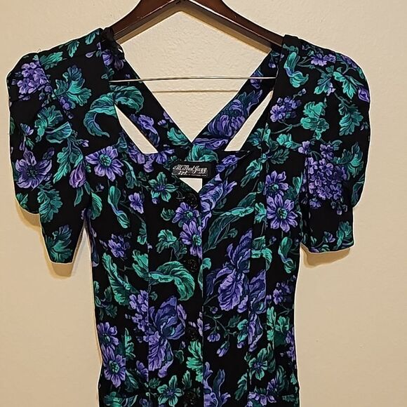 1980s Midi Sheath Vintage Dress Pockets Purple Green Black  All That Jazz - Picture 1 of 10